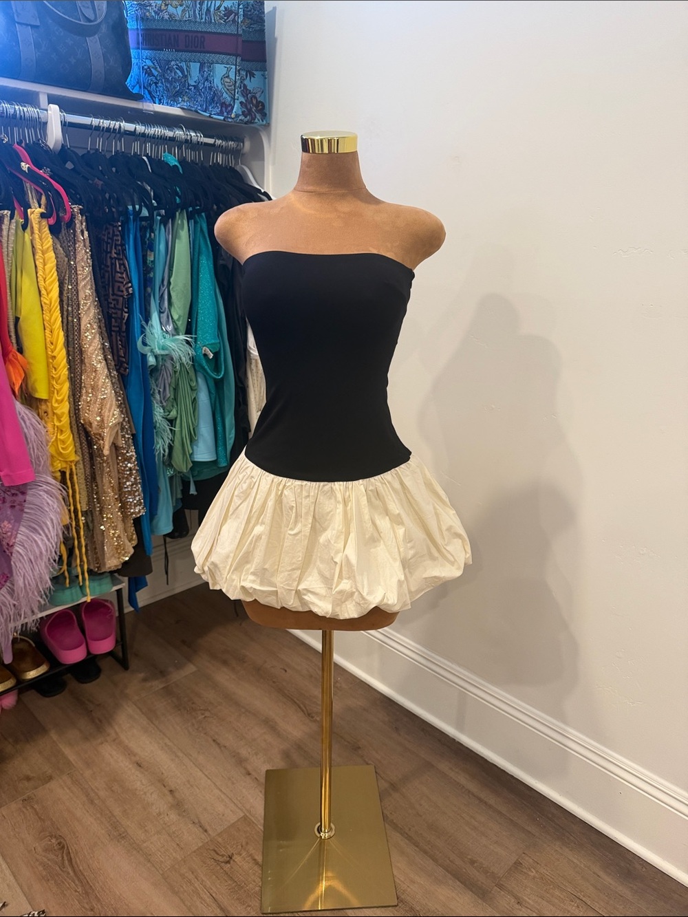 Lovers + Friends Black Strapless Bodice with Cream Bubble Skirt